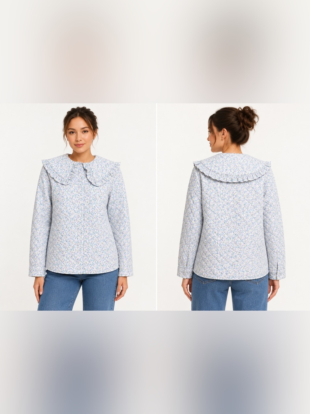 H & M White & Blue Cotton Ditsy Floral Ruffle Peter Pan Collar Jacket Sz. L